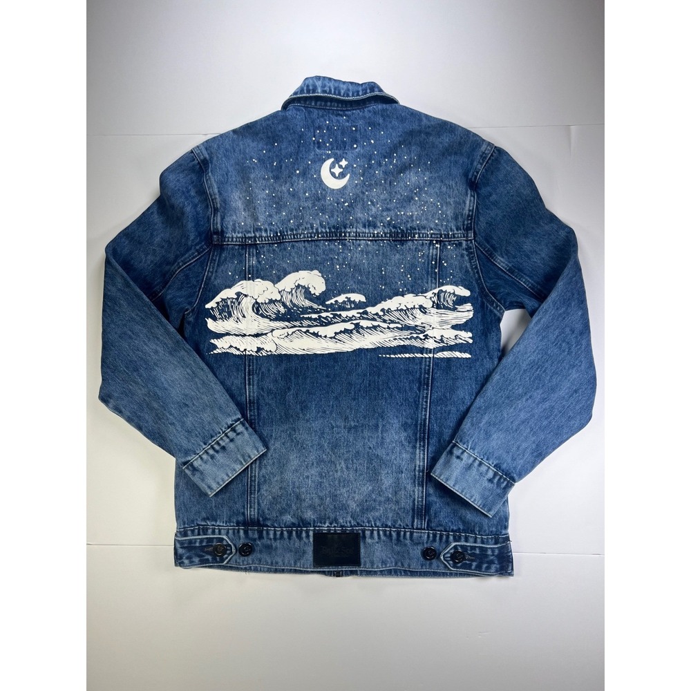 The Tubbo Moment Denim Jacket Mens XS Blue By The Sea Wave Moon Graphic Zip Up‎